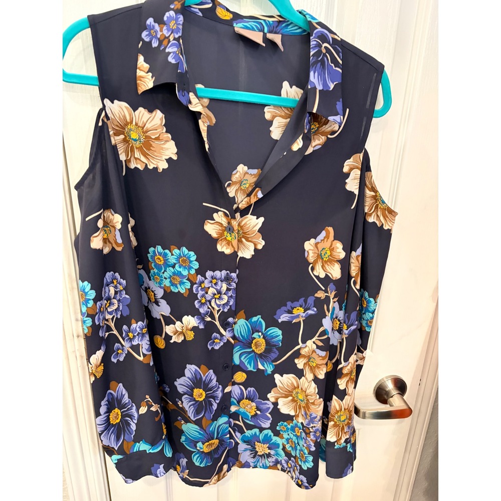 Chico's Cold Shoulder Blouse Navy Blue Floral Button Down Long Sleeve Top 2